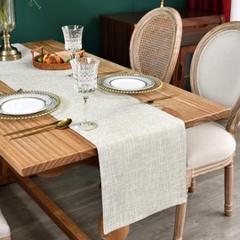 Reversible Double Layer Table Runner Faux Linen Fabric Beige Table Runners Elegant Rustic Farmhouse Runners for Kitchen Dining Coffee Table 13x60 Inch (33x153 cm)
