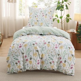 BEDSURE Bed Linen 135 x 200 cm 2-Piece Duvet Cover - Bedding Sets 135 x 200 cm with Pillowcase 80 x 80 cm, Oeko-Tex Reversible Bed Linen Bedding Green Flowers Plant Pattern for Single Bed with Zip