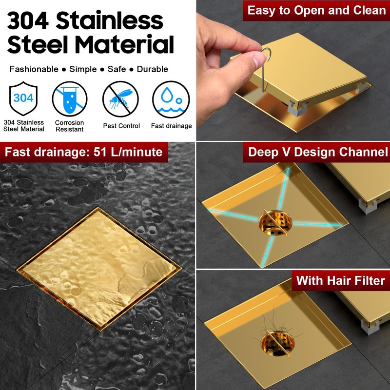DLONE Square Shower Drain | 6 Inch Brushed Gold AISI
