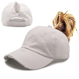 ProMindFun Womens Ponytail High Messy Bun Hats Distressed Baseball Caps Unconstructed Washed Dad Hat Girls Trucker Ponycaps (06-White)