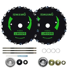 ISWAWO 2-Set 9” x 20T Chainsaw Tooth Brush Cutter Blades, Universal Weed Eater Head Carbon Steel Saw Blade with Adapter Kits, Assorted Round Files & Washers & String Trimmers & Weed Wreckers