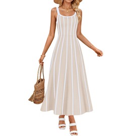 ZESICA Womens 2026 Summer Sleeveless Striped Midi Dresses Casual A Line Swing Knit Long Dress Beach Vacation Clothes,Apricot,Medium