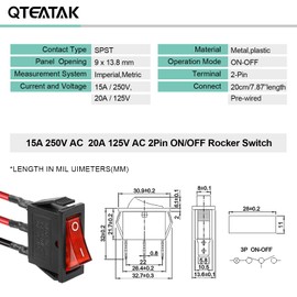 QTEATAK 5Pcs AC 250V/15A, 125V/20A Red Light Pre-Wired Illuminated LED On/Off SPST 3 Pin 2 Position Mini Boat Rocker Toggle Switch Snap for Car Boat
