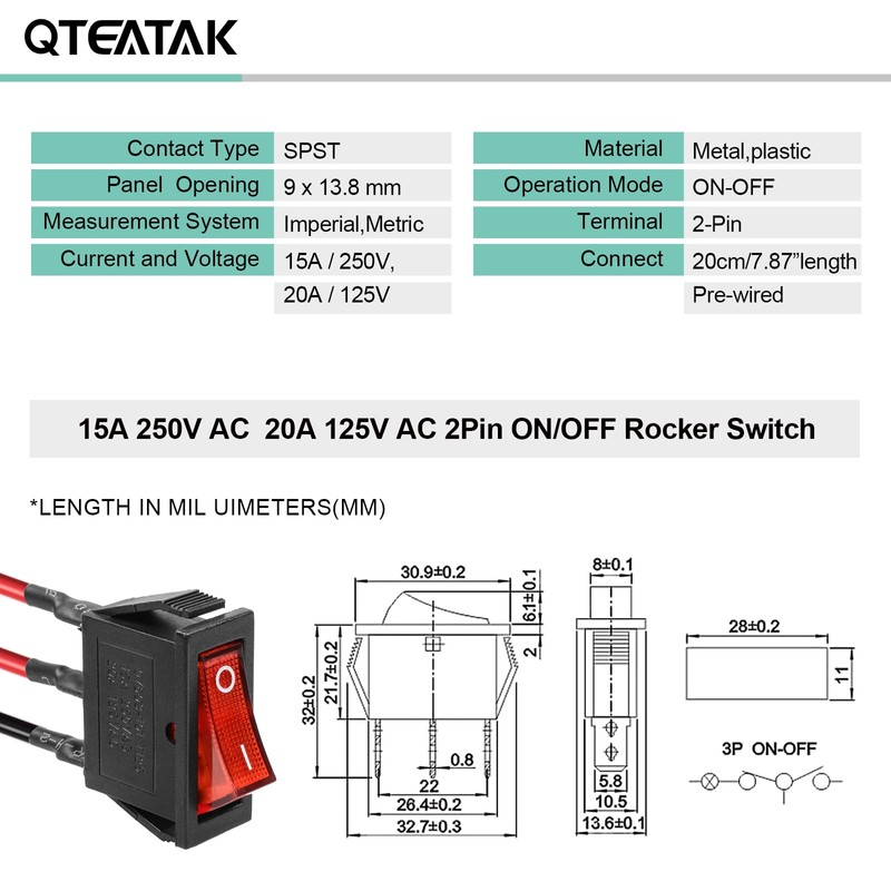 QTEATAK 5Pcs AC 250V/15A, 125V/20A Red Light Pre-Wired Illuminated LED