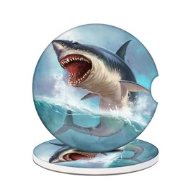 Car Cup Holder Coaster - Great White Shark Absorbent Ceramic Coaster 2 Pack, Car Coasters for Cup Holders, Fashion Car Interior Accessories Drink Coaster for Women & Men