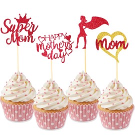 Mothers Day Cupcake Toppers, 24 PCS Mothers Day Party Decorations, Glitter Red Happy Mother's Day Super Mom Cupcake Toppers Cake Decorations Food Picks for Mother's Day Party Decoration Supplies
