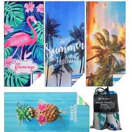 4 Pack Lightweight Quick-Dry Beach Towels - Oversized 71"x32" Sand-Free Microfiber Towels - Double-Sided Printed, Perfect for Adults, Travel, Camping, and Vacation Accessories - Cerros