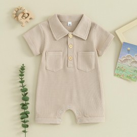 Lukivech Newborn Baby Boy Clothes Waffle Knit Short Sleeve Romper Jumpsuit Collared Bodysuit One-Piece Summer Outfit(Khaki, 6-12 Months)