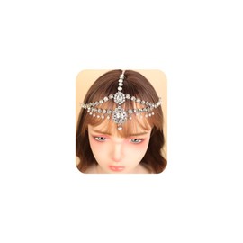 BERYUAN Tassel Rhinestone Pearls Pendant Headband Sparkly Rhinestone Forehead Hair Chain Gold Silver Boho Crystal Pearls Pendant Headchain for Wedding Women Girls (silver, large)