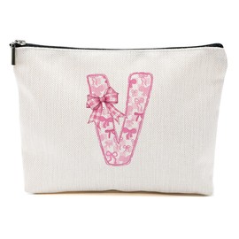 Pink Bow V, Alphabet Makeup Bag for Women, Washable Travel Organizer Toiletry Cosmetic Bag, Coquette Bow Letter Pattern Large Capacity Makeup Pouch with Zipper, Christmas Gifts for Women