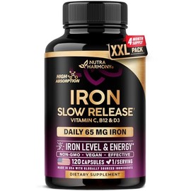 Iron Supplement for Women - Iron 65mg (Ferrous Sulfate 325mg) - Stomach Friendly | Slow Release Iron | High Absorption - Vitamins C, D3, B6, B12 & Folate - Iron Level & Energy Support - 120 Capsules