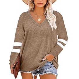 Gloria&Sarah Women's Plus Size Tops Striped Long Sleeve V neck T Shirts Casual Loose Tunics Tops,Wheat,2XL