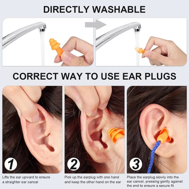 NEW Reusable Hearing Noise Cancelling Safety Earplugs Silicone Corded Ear