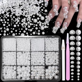 White Pearl Beads for Nails, Nail Pearls for Nail Art, Round White Pearls Nails, Small Tiny Half Pearl Bead Gems for DIY Nail Art, Face Makeup and Craft Hats Clothes