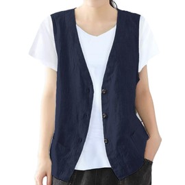 IDEALSANXUN - Chaleco de lino de algodón para mujer, casual, sin mangas, chamarra ligera, marino, M
