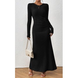 MITILLY Fall Dress for Women 2024 Long Sleeve Maxi Dress Formal Crew Neck Bodycon Ruched Textured Slim Cocktail Party Dress Large Black
