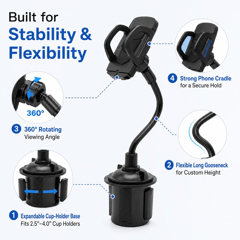 Car Cup Holder Phone Mount for Hands-Free Viewing – Adjustable
