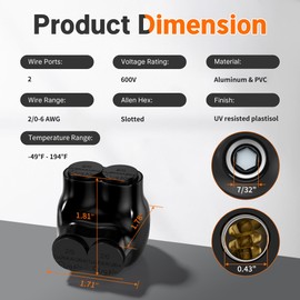 Joinfworld 2 Port Insulated Multi Tap Connector 2/0-6 Gauge Wire Connectors Aluminum to Copper Wire Connectors Single Side Entry Black Electrical Cable Connectors with Slotted Allen Hex - 6 Pack