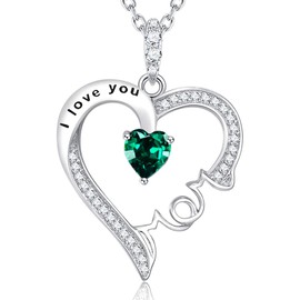 May Birthstone Emerald Jewelry Birthday Gifts for Mom I Love You Mom Sterling Silver Love Heart Pendant Necklace