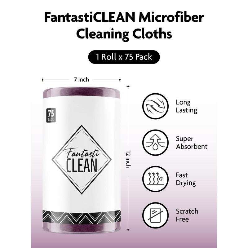 Fantasticlean Microfiber Cleaning Cloth Roll -75 Pack, Tear Away Microfiber