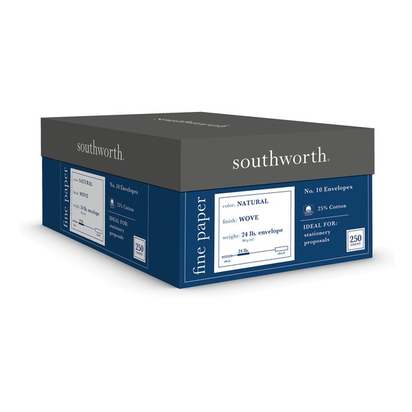 Southworth 25% Cotton Business #10 Envelopes, 4.125" x 9.5", 24 lb/90 GSM, Wove Finish, White, 250 Count - Packaing May Vary (J404-10)