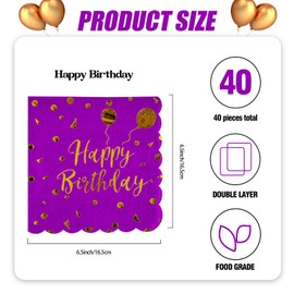 40 PCS Happy Birthday Purple and Gold Napkins,6.5x6.5 Inch Scalloped Edges Dessert Napkins for Anniversary Graduation Wedding Birthday Party Decoration