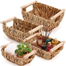 Newtay 4 Pack Wicker Storage Baskets, Hand Woven Basket for Organizing, Water Hyacinth Nesting Shelf Bins with Wooden Handles for Nursery Shelves, Bedroom Decor, Pantry School Office Desk, 4 Size