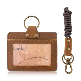 Badge Holder: Boshiho Cowhide Leather ID Badge Card Holder with Neck Lanyard, Vertical Style Credit Card Holders for Office Students Business (Dark Brown1)