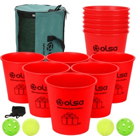 Olsa Giant Pong Yard Games, Yard Pong Outdoor Game for Adults and Family, Toss Backyard Lawn Games with 12 Buckets, Balls, Strength Carrying Bag for Beach Camping Backyard Party(Red)