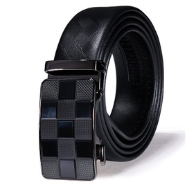 Barry.Wang Men's Leather Belt Black Ratchet Belt with 3 Automatic Buckles Adjustable Strap Business Gift Box, Square pattern