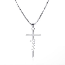 Faruodis Cross Love Pendant Necklace Vintage Love Letter Necklace Chain Jewelry for Women (Silver)