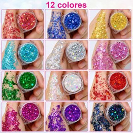 12 Colores Gel de Purpurina para Cuerpo y Rostro, Brillos para la Cara, Glitter para Cara para Maquillaje de Festival y Decoración, Maquillaje en Gel con Purpurina Para Ojos, Labios, Cabello, Uñas