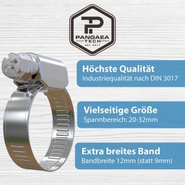 Pangaea Tech Stainless Steel Hose Clamps 20-32 mm Pack of 10 – Professional Quality According to DIN 3017 (W2) – Hose Clamps Set for Pool, Pond and Garden