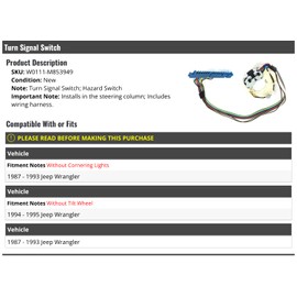 Marketplace Auto Parts Turn Signal Switch - Compatible with 1987-1995 Jeep Wrangler