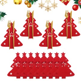 Minicoco 12 Pcs Christmas Cutlery Holders, Felt Christmas Silverware Tableware Holder Pockets Red Christmas Cutlery Bag Xmas Table Decorations Christmas Tree Cutlery Holders for Kitchen Supplies