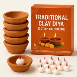 Traditional Handmade Clay Diya Set with Cotton Batti – Pack of 12 Terracotta Oil Lamps for Diwali Decoration, Hindu Pooja, Temple Use, Spiritual Rituals, and Festive Lighting