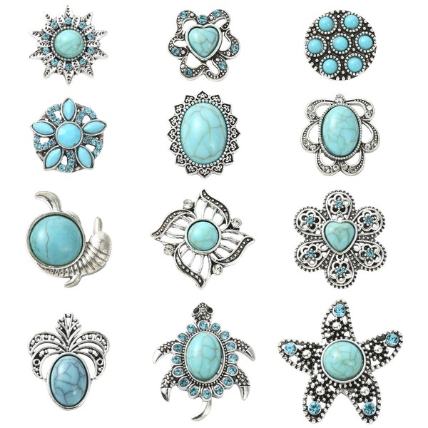 Stiesy 12 Pcs 12 Styles Alloy Rhinestone Imitation Turquoise Snap
