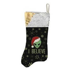 Funny Holiday Decor Christmas UFO Alien I Believe Flip Sequin Stocking Gold