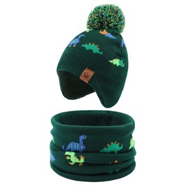 Knitted Baby Hat Scarf Set Winter Warm Boys Girls Beanie Fleece Lining Toddler Kids Hat with Pompom(Dark Green Dinosaur (Hat+Scarf),M)