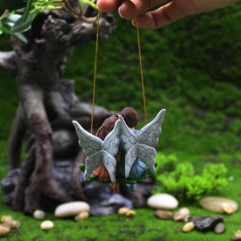 Mrisata Resin Flower Fairy Garden Statue, Swing Angel Lover Miniature Figurine Ornaments Pair Sits on Swing Fairy Garden Decoration DIY Fairy Garden Doll