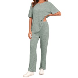 Famulily Pyjamas for Women Summer Short Sleeve Loungewear Leisure Suit Wide Leg Leisure Suit Two Piece Set Outfit with Pockets, Green, L