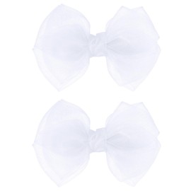 Mesh Hair Bows Clip White 4" Organza Double Tulle Bow Barrettes Alligator Pins for Teens Toddler Flower Girls Wedding Pageant Communion Birthday Party Dress Decorative Accessories