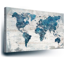 Iridesart Wall Art for Living Room Home Office Wall Decor World Maps for Wall Canvas Picture for Bedroom Blue Gray Paintings for Dining Room Neutral Art Work