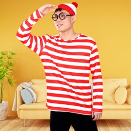 Formemory Where's Wally / Waldo Costume Halloween Cosplay Set Parent-Child Matching Costume Cosplay Outfit Wally Dress-Up Disguise Funny Cute Christmas Costume Adult Use Child Use Boy Girl Child Kids