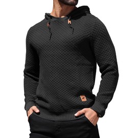 HYPESTFIT Men's 3D Fish Scale Form Fitting Muscle Knit Sweater Drawstring Hooded Sweatshirt Black