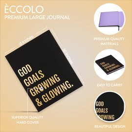 Eccolo Large Lined Journal Notebook, Hardbound Cover, Writing Journal, 256 Ruled White Pages, Ribbon Bookmark, Lay Flat, Desk Size for Work or School, Growing & Glowing (Black, 8x10 inches)