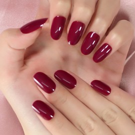 Glossy Claret Bordeaux Red Press on Nails - iBeautying False Nails - UV Gel Finish Finger Daily Wear Nail - Medium Oval Round Reusable Fake Nails