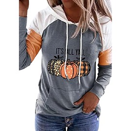 Leopard Plaid Pumpkin Kangaroo Pocket Hoodie Women Plaid Pumpkin Thanksgiving T-Shirt Color Block Fall Tshirts (Gray, Medium)