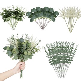 Coreland Artificial Eucalyptus Leaves Stems 120 Pcs 4 Kinds Mixed Fake Silver Dollar Eucalyptus Leaves Stem Bulk Faux Leaf for DIY Bouquets Floral Arrangement Wedding Home Decor