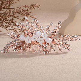 Lenjicons Vintage Flower Leaf Rhinestone Hair Comb Teardrop Rhinestone Hairpiece Silver Gold Wedding Hair Comb Handmade Rhinestones Headpiece for Wedding Women (rose gold)